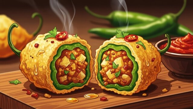 Authentic Chile Relleno preparation, Mexican dish served hot, traditional cooking, delicious meal, gourmet food, vintage, appetizing, fresh ingredients.