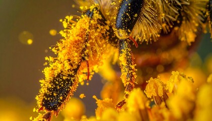 Closeup of a Bee Covered in Pollen Grains Collecting Nectar from Yellow Flowers © Mamad