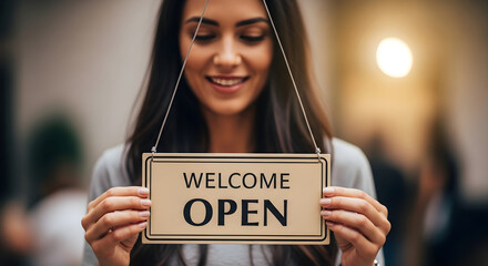 Smiling woman holding welcome open sign in modern indoor setting