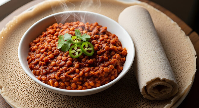 Steaming Red Lentil Stew (Misir Wot) with Injera Flatbread. Authentic Ethiopian-style vegan dish, healthy and flavorful.