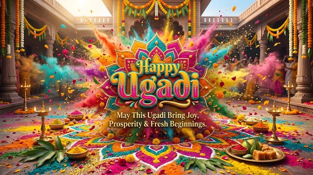 Ugadi celebration with colorful decorations and happy ugadi text