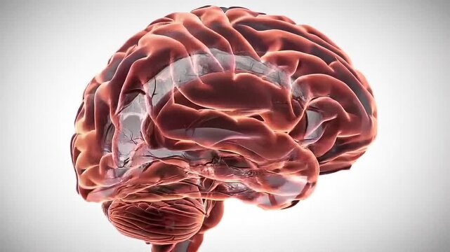 Human brain 3D anatomical model panning view showing lobes and complex structures in medical illustration