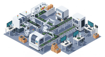 Obraz premium Isometric illustration of an industrial manufacturing facility with machinery and production lines from an overhead viewpoint.