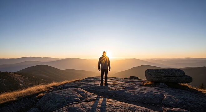 A lone hiker stands on a rocky outcrop, gazing out at a breathtaking mountainous landscape during a serene sunrise, evoking a sense of adventure and tranquility.