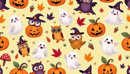 Obraz premium Cute seamless pattern with cartoon pumpkins ghosts owls and autumn leaves. Perfect for Halloween decorations party invites and kids crafts. Fun fall holiday theme.