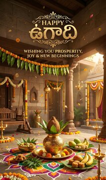 Ugadi festival decorations with fruits and flowers on a colorful rug indoors