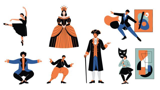 Theatrical characters dressed in diverse costumes including a ballerina, a queen, and actors with masks and paintings.