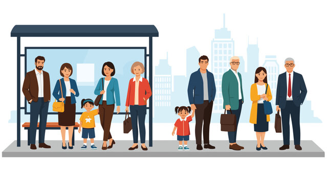 Diverse group of men, women, and children standing together at a city bus stop against a metropolitan skyline background.