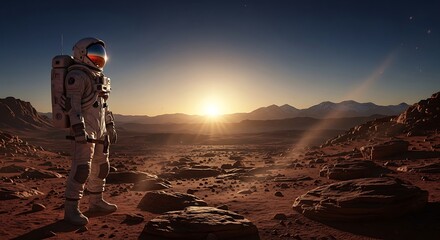 Obraz premium Astronaut in a white spacesuit stands on a barren, rocky planet surface, gazing out at a distant sunrise, evoking a sense of wonder and exploration in a desolate, otherworldly landscape.
