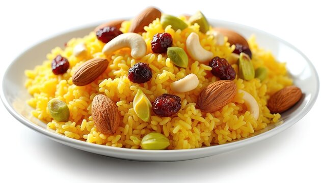 Pakistani zarda sweet rice with almonds cashews pistachios raisins cranberries piled high on white plate. Dish flavorful dessert side, perfect for festive occasions. Offers taste of traditional
