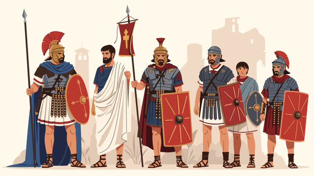 Group of ancient Roman soldiers in various armor and a man in a white toga standing together before historical ruins.