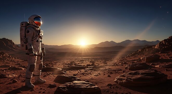 Astronaut in a white spacesuit stands on a barren, rocky planet surface, gazing out at a distant sunrise, evoking a sense of wonder and exploration in a desolate, otherworldly landscape.