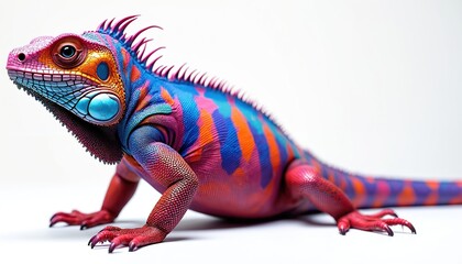 Fototapeta premium Vibrant, multicolored iguana sits on white background. This exotic reptile features striking patterns of pink, blue, and orange scales. Its detailed texture and bold colors make it unique artwork.