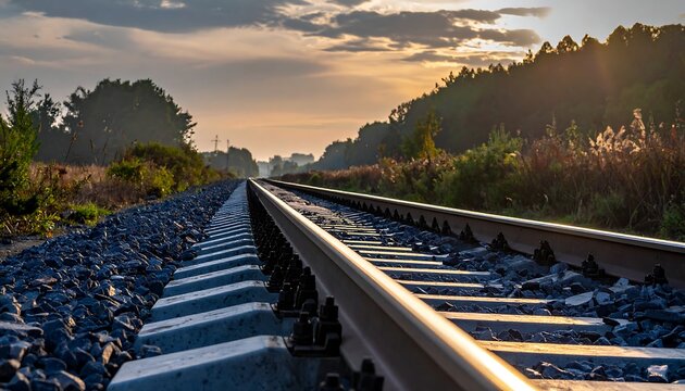 Railroad tracks receding into a hazy sunset. Trees line the sides under a cloudy sky. Focus is close on the rails