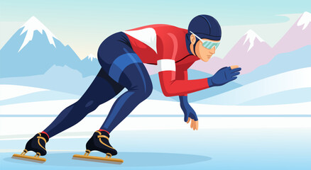 Fototapeta premium Speed Skating vector illustration of a male athlete on ice with mountains in background during winter sports event
