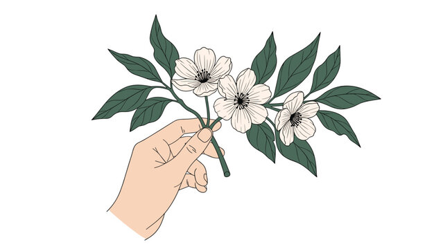 Gentle hand holds delicate branch with white flowers and green leaves symbolizing spring growth and natural beauty.