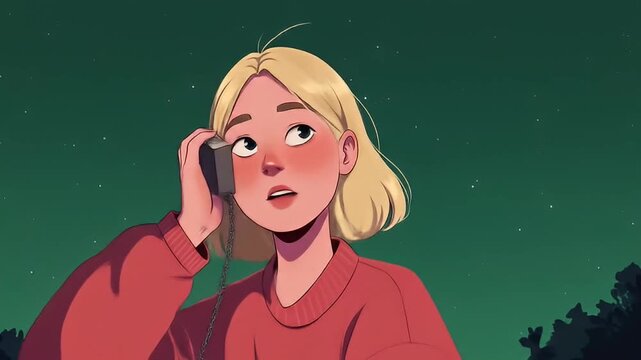 Illustration Woman with blonde hair looks through a dark monocular under starry sky