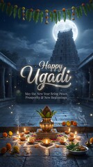 Fototapeta premium Ugadi festival celebration with traditional food and lighting decorations at temple