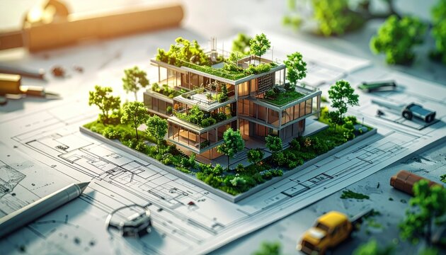 Sustainable Architecture Design and Green Building Model with Lush Vegetation and Miniature Cars