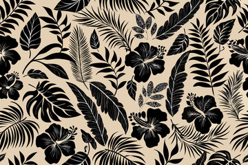 Elegant black tropical leaves and hibiscus flowers on a beige background © Juel