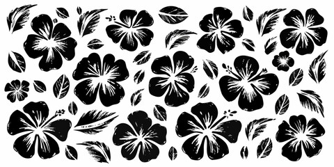 Black and white hibiscus flower pattern with leaves and botanical details © Juel
