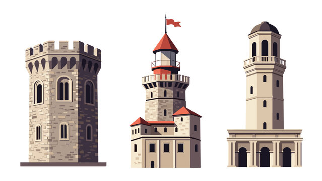Set of three different architectural styles of historical towers and lighthouses made of stone and brick in a flat design.