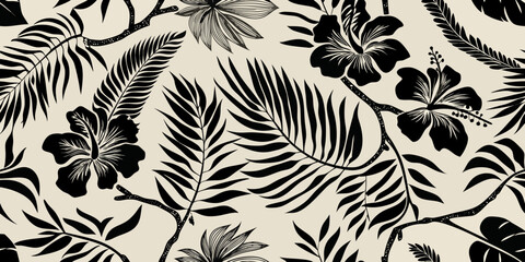 Black and white tropical leaves and hibiscus flowers seamless pattern