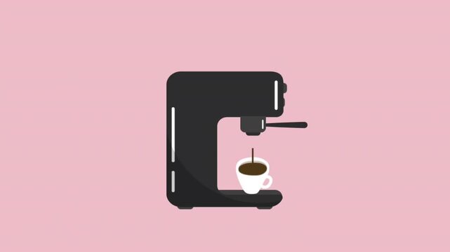 Coffee Animation. Coffee Machine, Cup of Coffee, Coffee Making Process. Household Appliances. Animated Heart. Video in Black, Brown, White on Pink
