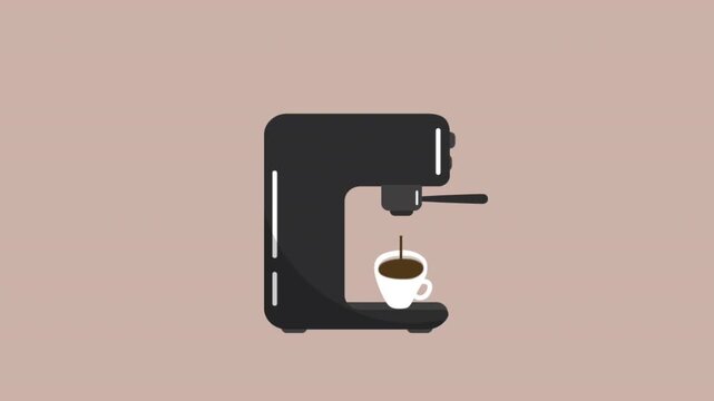Coffee Animation. Coffee Machine, Cup of Coffee, Coffee Making Process. Household Appliances. Video in Black, Brown, Beige, White