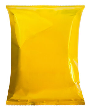 Foil and plastic snack bags mockup isolated on white background, Yellow colored pillow packages for food production, snack wrappers on White Background With clipping path.PNG File.