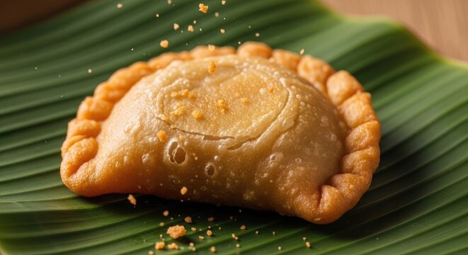 Golden Fried Curry Puff on Green Leaf.