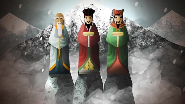 chinese philosophers standing in mountain landscape