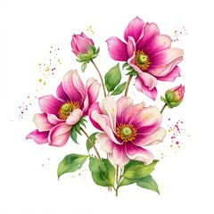 Obraz premium A bunch of pink flowers with green leaves on a white background