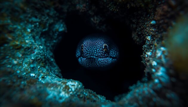A spotted fish hiding in a dark underwater cave surrounded by rocky terrain