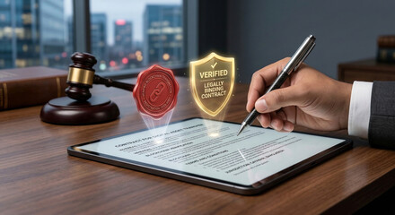Lawyer signing digital contract on tablet for legally binding agreement, blockchain verified transaction