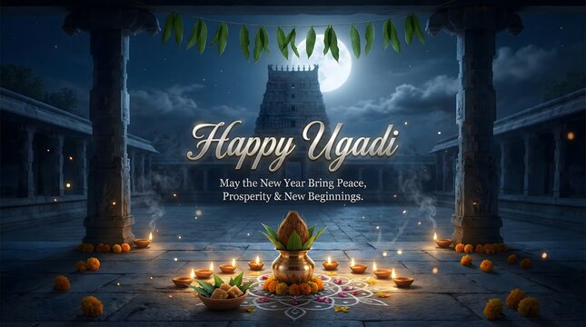 Ugadi celebration with lit diyas and temple background at night