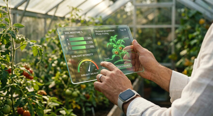 Smart greenhouse farmer monitoring tomato plant growth using transparent digital tablet with soil moisture sensor data