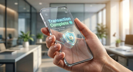 Transparent smartphone displaying transaction complete message with shield icon in modern office for secure online payment