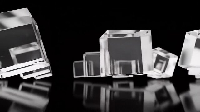 Glass cubes in a 3D abstract environment moving past the camera with a dolly motion