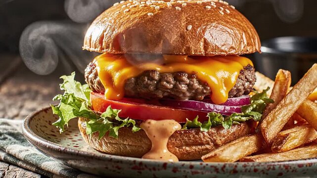 Juicy burger on patterned plate