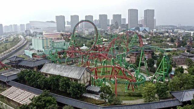 Guangzhou Theme Park Roller Coaster Aerial View with City Skyline