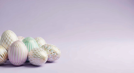 A group of intricately decorated Easter eggs on a soft purple background