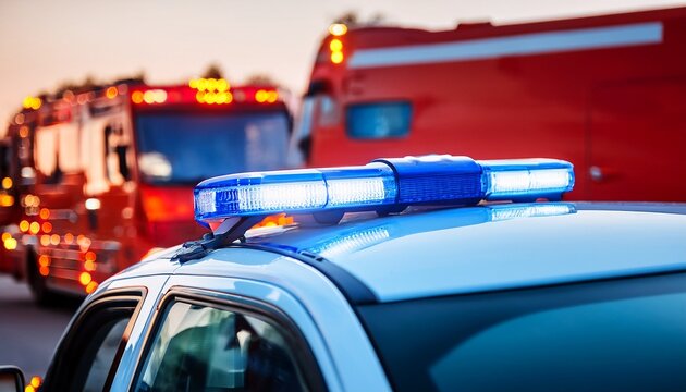 close up of blue light flasher on roof of ambulance car of emergency medical service on road against fire engines themes rescue accidents and disasters