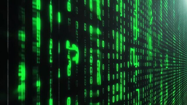 Glowing Blue Code Rain Falling Down on Black Background