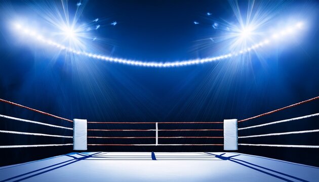 empty blue boxing ring background with ropes and spotlights in dark sport arena with copy space