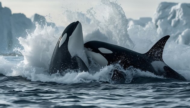 Two orcas swimming in icy waters with a backdrop of glaciers and icebergs
