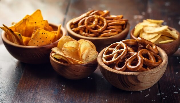 salty snacks pretzels chips crackers in wooden bowls