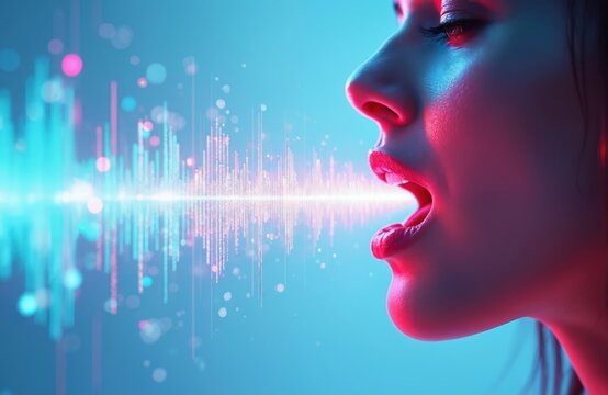 Woman speaks emitting digital sound waves visualized as light beams. Audio signal graphic displays voice intonation and sound frequency. Futuristic communication concept.