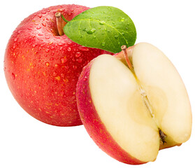 Red apple with fresh green leaf and water droplets isolated on white with work path, close up highlighting juicy texture, natural freshness and healthy organic fruit concept.PNG File.