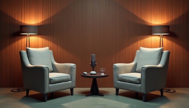 Two armchairs flank a small table with microphone and water glass. Ambient lighting from wall lamps creates warm shadows on wood paneling. Minimalist podcast studio setup for conversation.